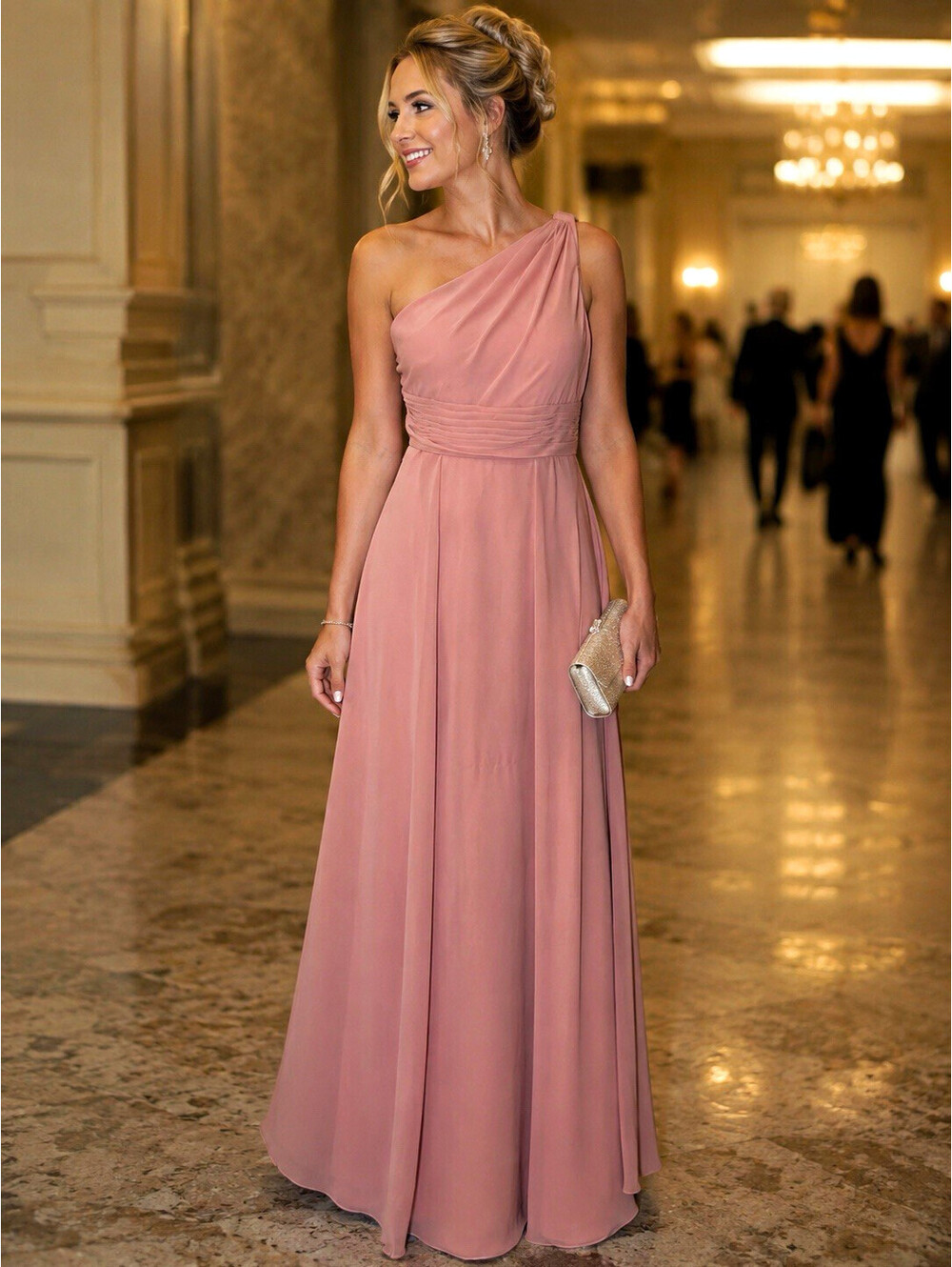 Azazie Pink One-Shoulder Sleeveless Chiffon Dress 100% Polyester RN 155143